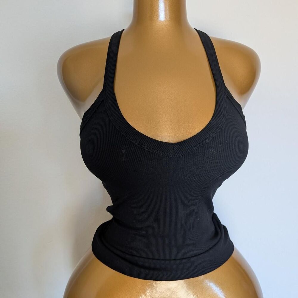 Moyiko Black Halter Tank Top V Neck Ribbed Athleisure Camisole Size XS